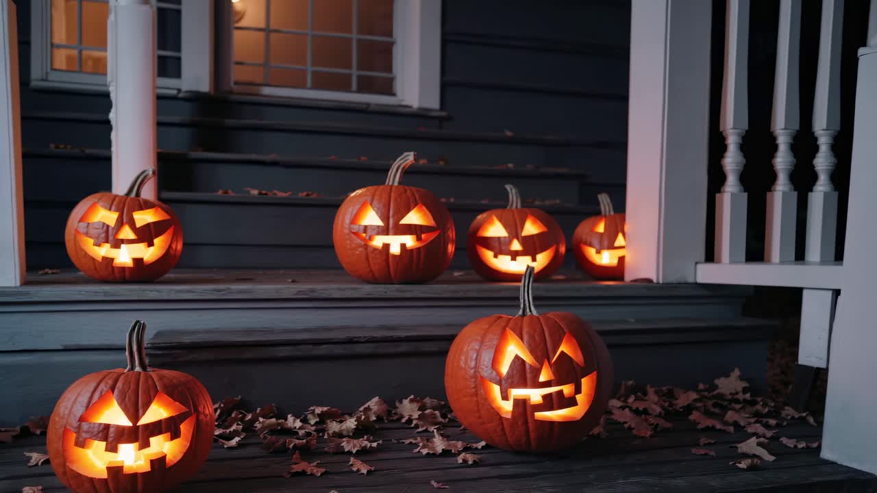Low-angle video shot of glowing jack-o'-lanterns on porch steps, creating a spooky Halloween