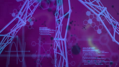 Animation of digital structures processing data with hexagonal patterns on purple background