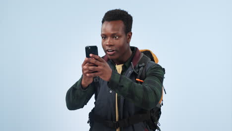black man, travel and happy with phone