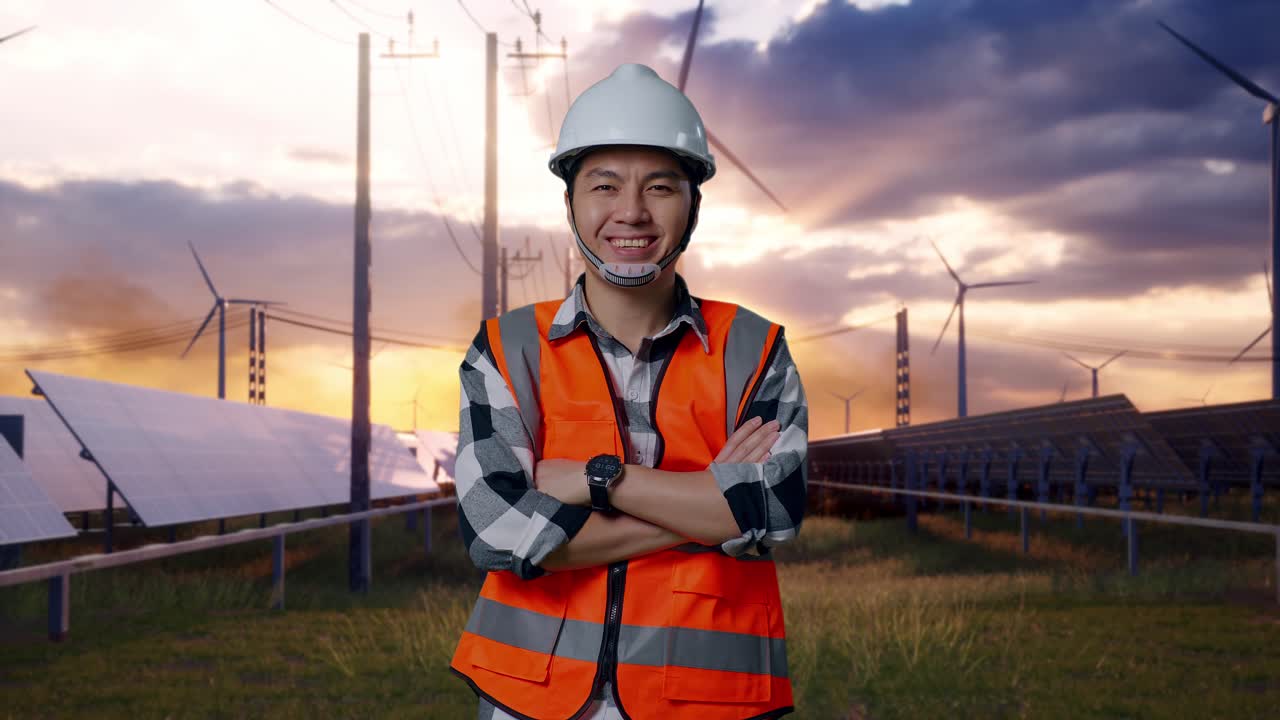 Asian Male Engineer With Safety Helmet Crossing His Arms And Smiling To Camera While Standing With Solar Panel and Wind Turbines