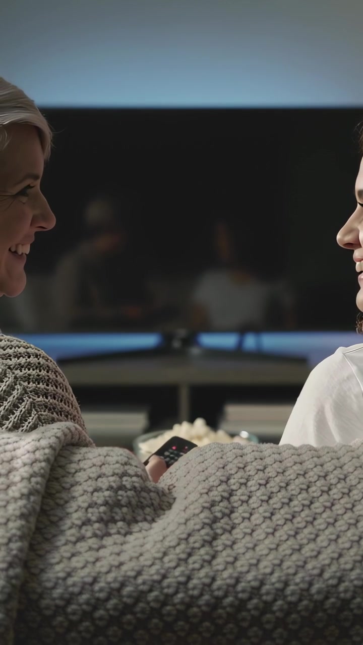 Vertical video: Approaching left, woman placing blanket and popcorn, couple cuddling watching TV