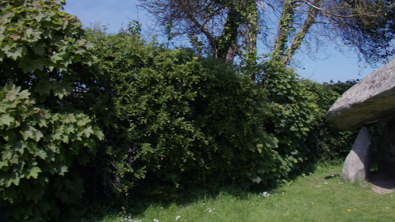 Panning Wide shot left to right of Carreg Coetan Arthur Chambered Tomb
