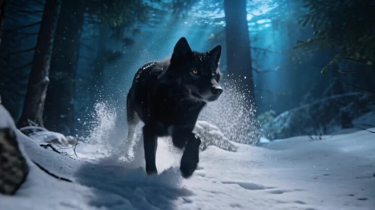 Lobo negro entrando en un claro, moviéndose sobre la nieve, levantando polvo de las rocas, saltando hacia los árboles buscando una guarida.