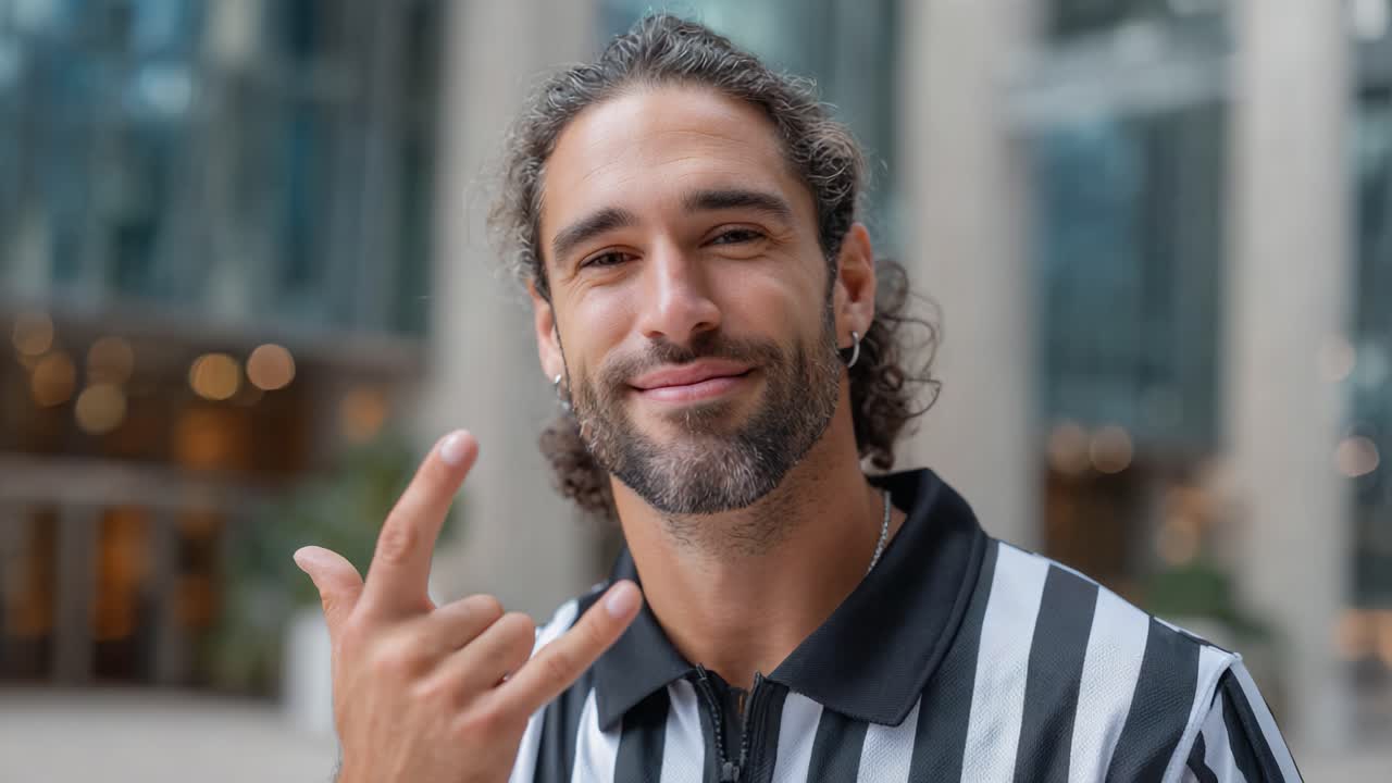 A Confident Referee Signals with Happiness and Positivity, Capturing the Spirit of Sportsmanship in a Friendly Environment Amidst Urban Backdrop