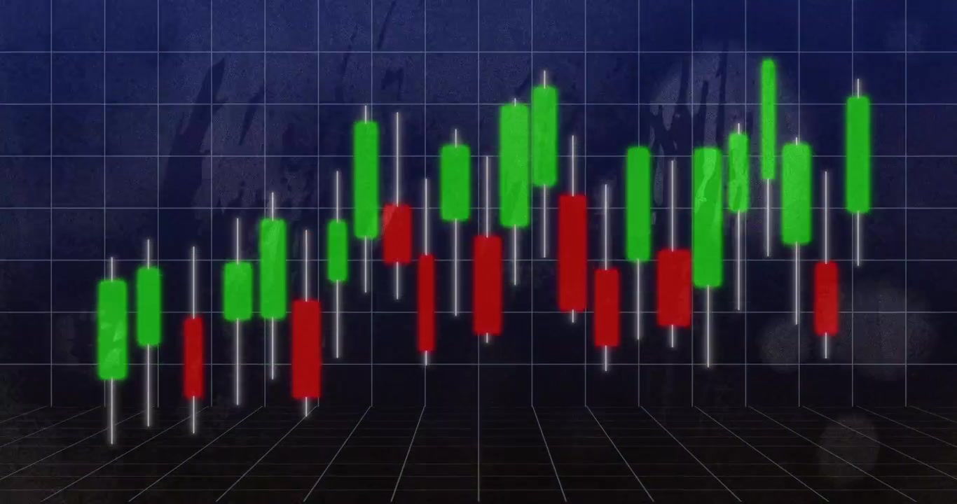 Data pulse starting candlestick updating grid shifting red or green bars rising showing trend over s