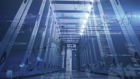 Animation-of-equation,-infographic-interface-and-lens-flare-over-low-angle-view-of-server-room