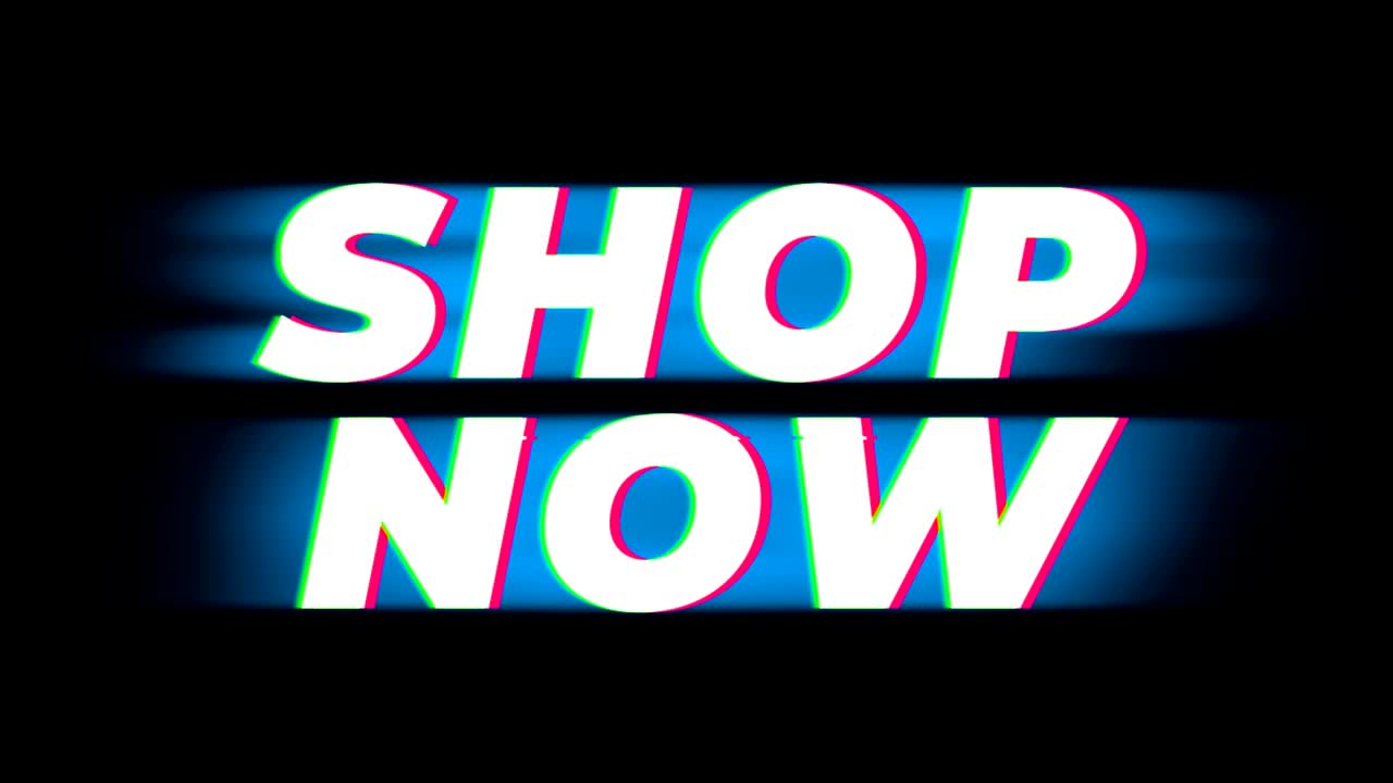 Shop Now Text Vintage Glitch Effect Promotion.