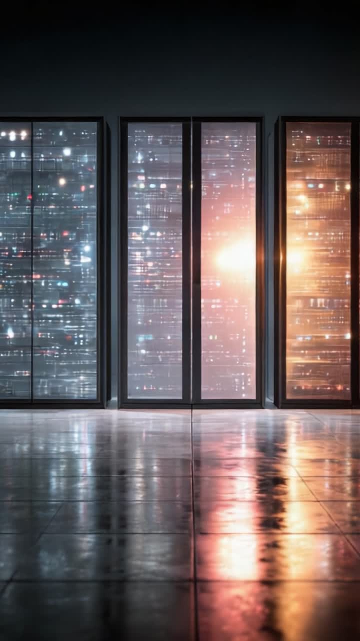 A Glimpse into Modern Data Centers: Exploring the Intricate World Behind High-Tech Server Racks Illuminated with Multicolored Lights and Reflective Surfaces
