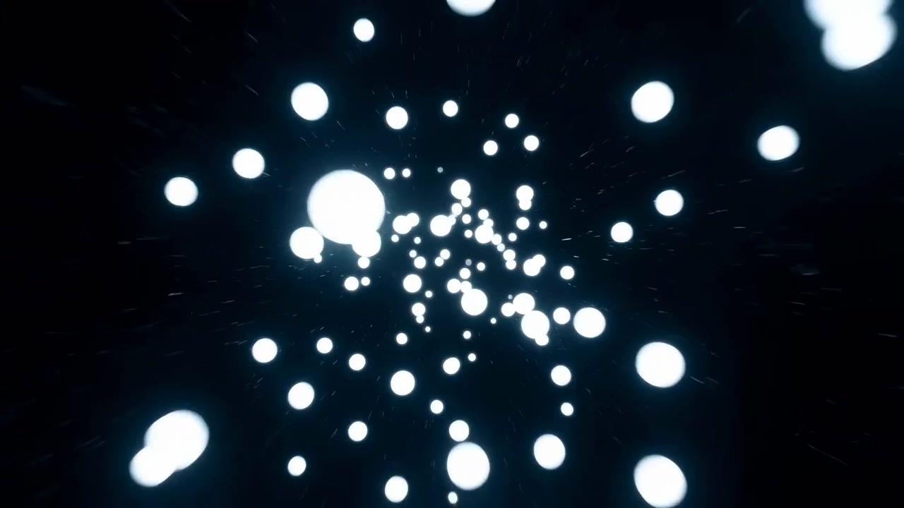 Partículas Brilhantes Espiralam Pelo Espaço Escuro, Formando um Túnel de Bokeh Luminoso Com Pontos Flutuantes e Movimento Suave