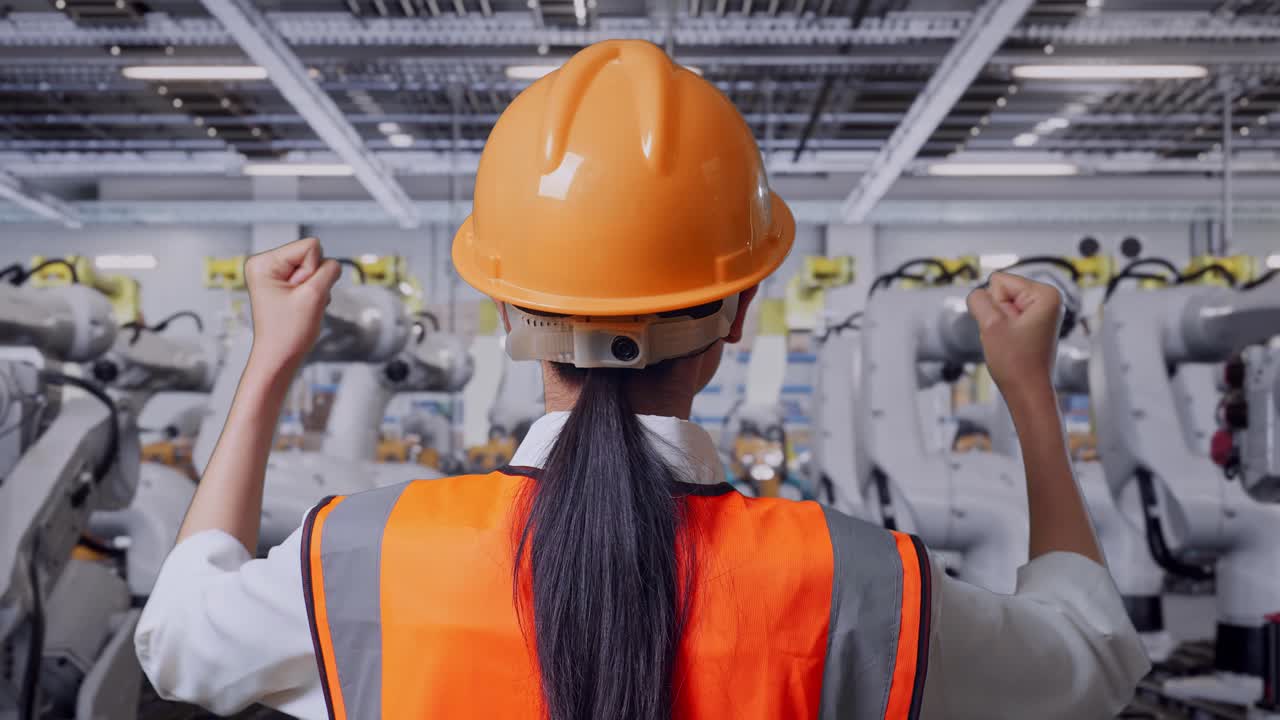 ingeniero celebrando el éxito en una fábrica con robots