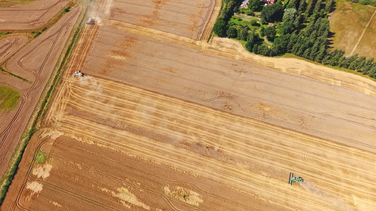 Overhead drone approach descend to yellow-brown fields with combine harvesting at work