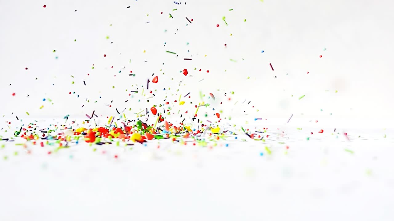 Multi-colored differently shaped topping sweets are falling on a table on a white background. 4k slow motion bright fun video.