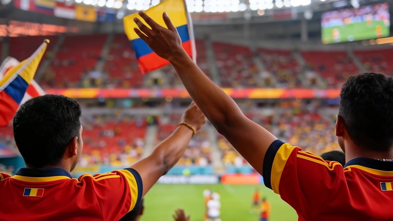 Dois torcedores com camisas vermelhas torcendo, agitando bandeira de mão e levantando os braços no estádio, com o jogo continuando.
