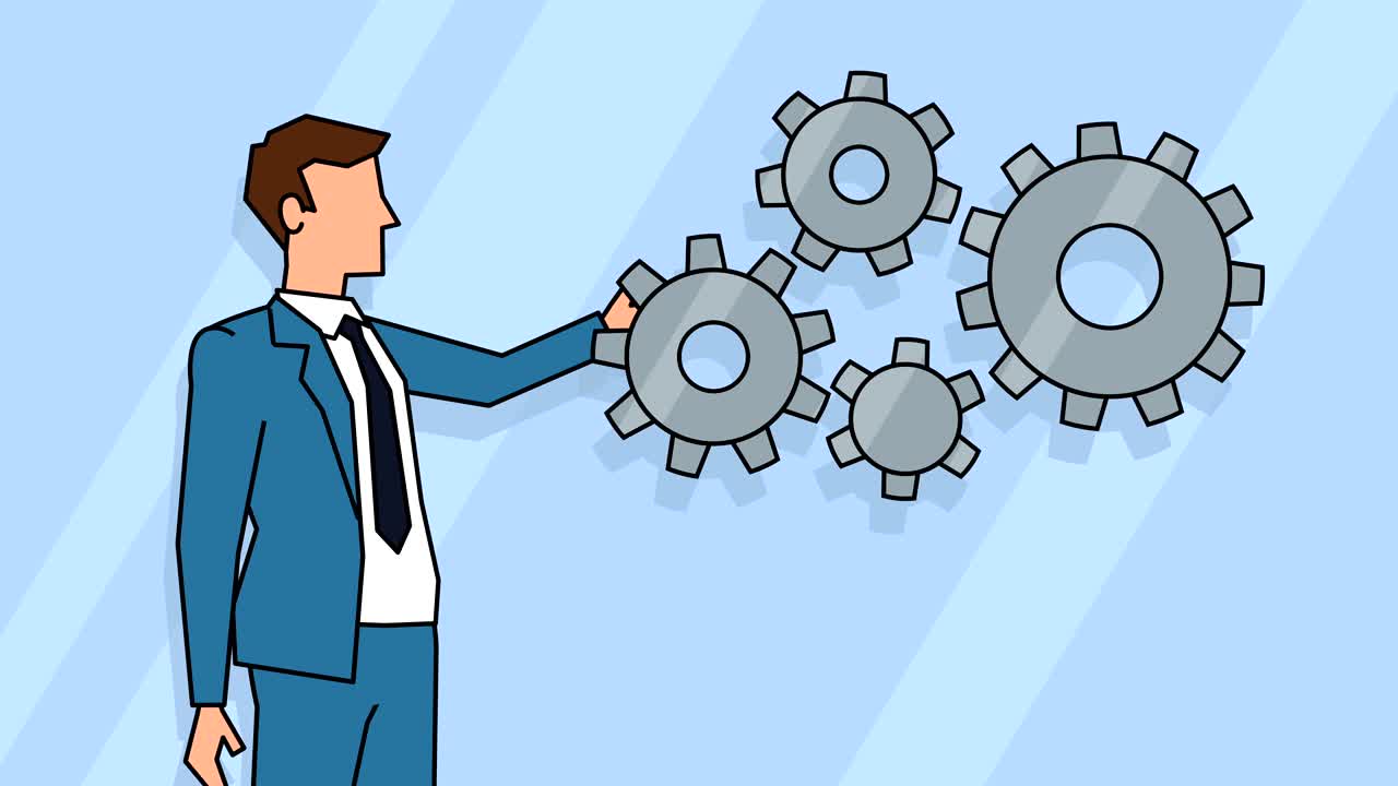 personaje de dibujos animados de hombre de negocios plano gira engranajes animación