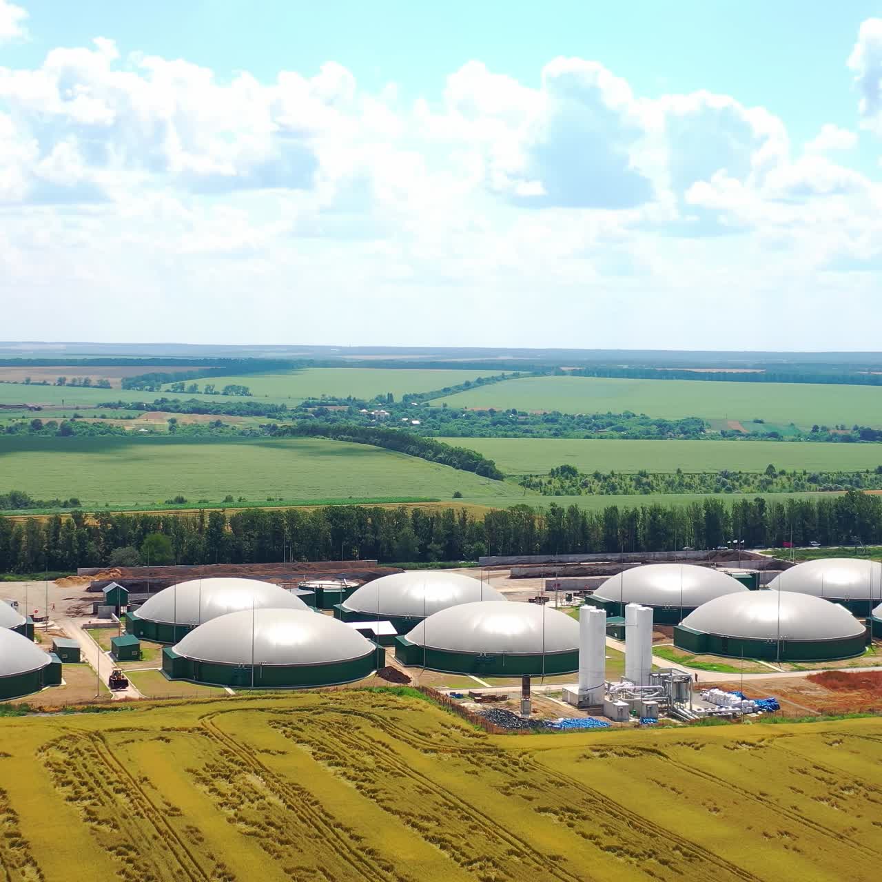 Bio gas factory. Sustainable production of biofuel. Modern plant. Aerial view on the modern biofuel factory. View from above