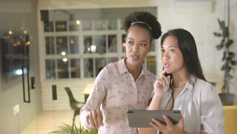 Young-African-American-woman-and-biracial-woman-discuss-work-in-a-business-office