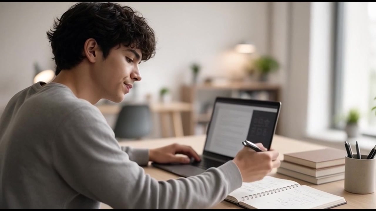Young Man Working on Laptop and Taking Notes in Home Office