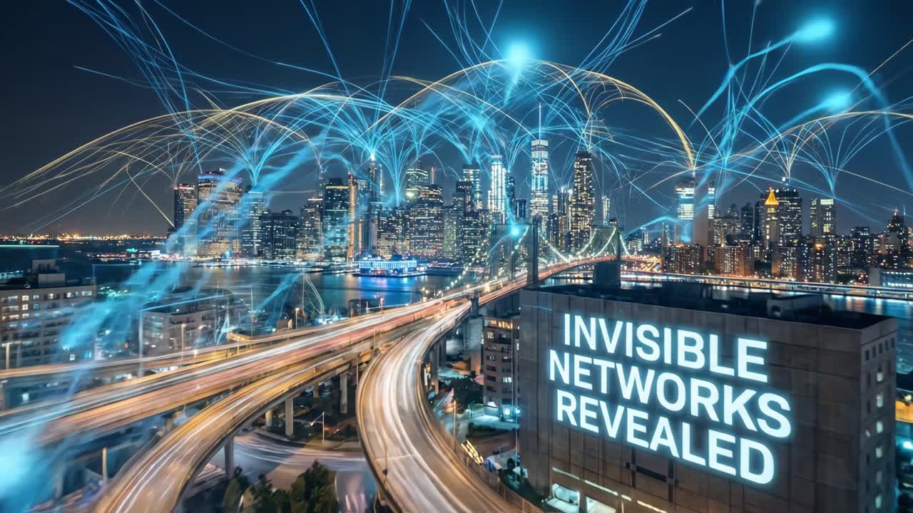 Connessioni di rete digitali che si estendono sullo skyline di una città moderna di notte