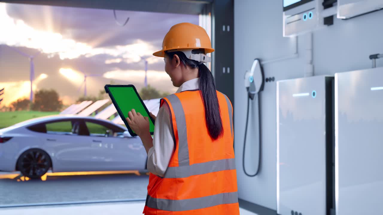 Back View Of Asian Female Engineer With Safety Helmet Working On A Green Screen Tablet And Looking Around With Home Energy Storage System In a Modern Garage