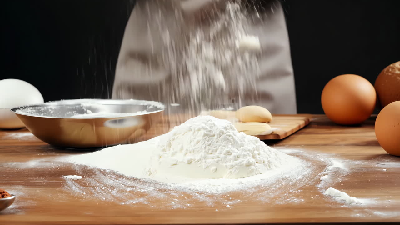 Baking Preparation With Flour, Eggs, and Tools on Wooden Table. A person is pouring flour onto a wooden table, preparing for baking with eggs and utensils nearby.