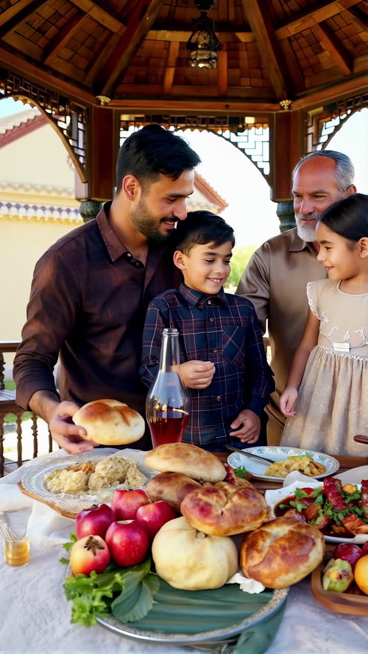 Family sharing a meal under a gazebo in a beautiful outdoor setting.