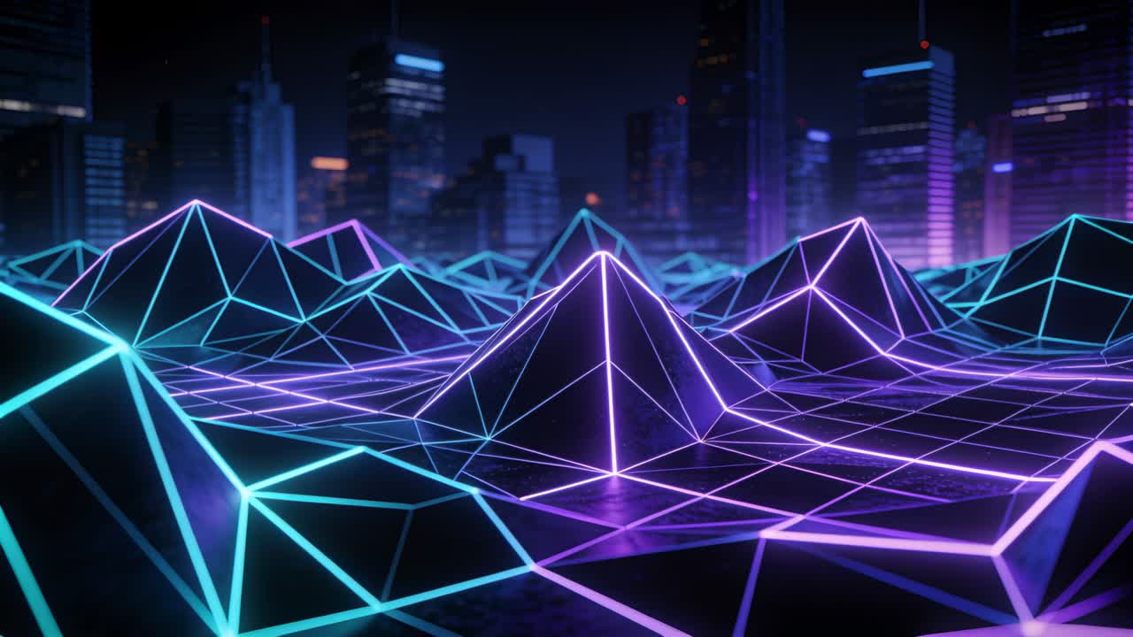 Pulling back camera revealing neon grid land in night city showing central pyramid, widening view