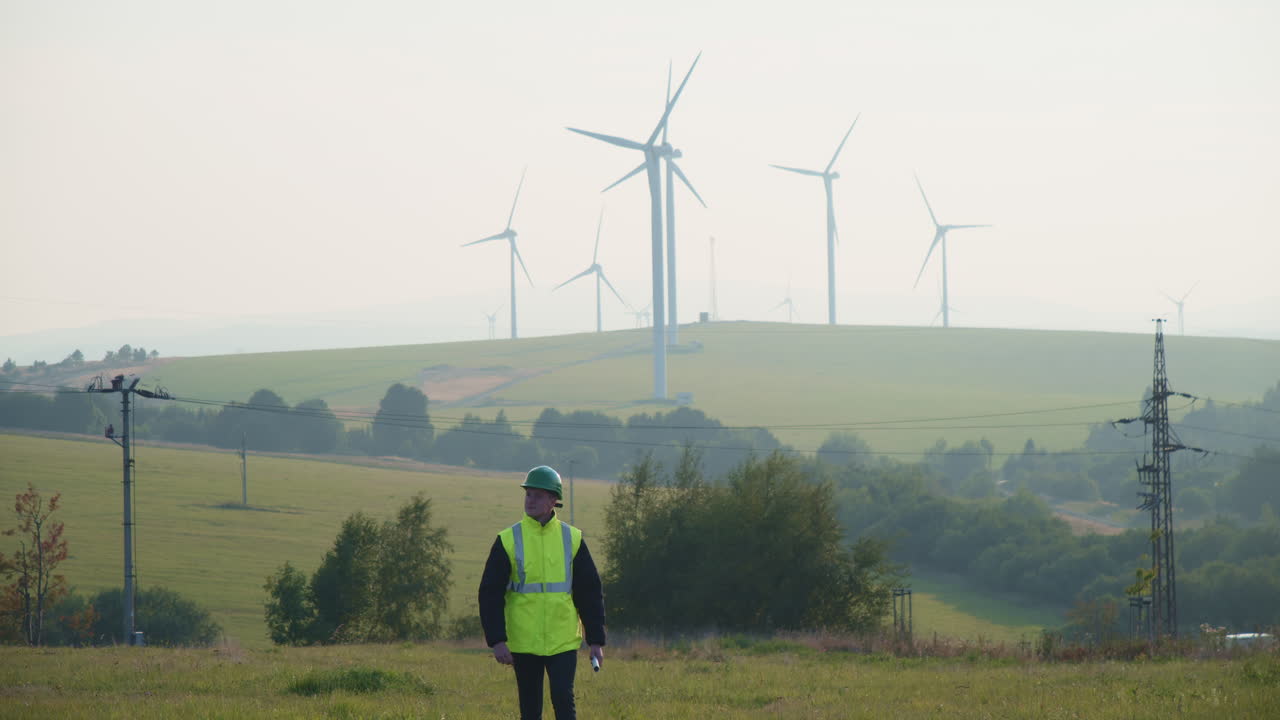A technician with plans walks through a wind farm in Krystofovy Hamry