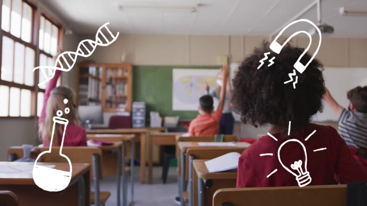 Animação de ícones de materiais escolares em movimento sobre alunos usando máscaras faciais