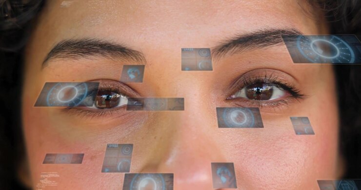 woman blinking during eye-tracking calibration, pulsing panels aligning then dispersing around eyes