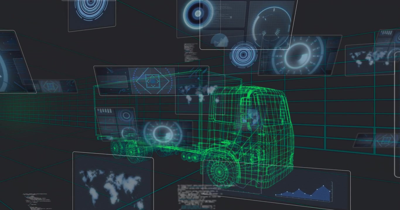 Startup che genera un camion wireframe su una griglia, con pannelli che emergono e il camion che ruota mostrando dati.