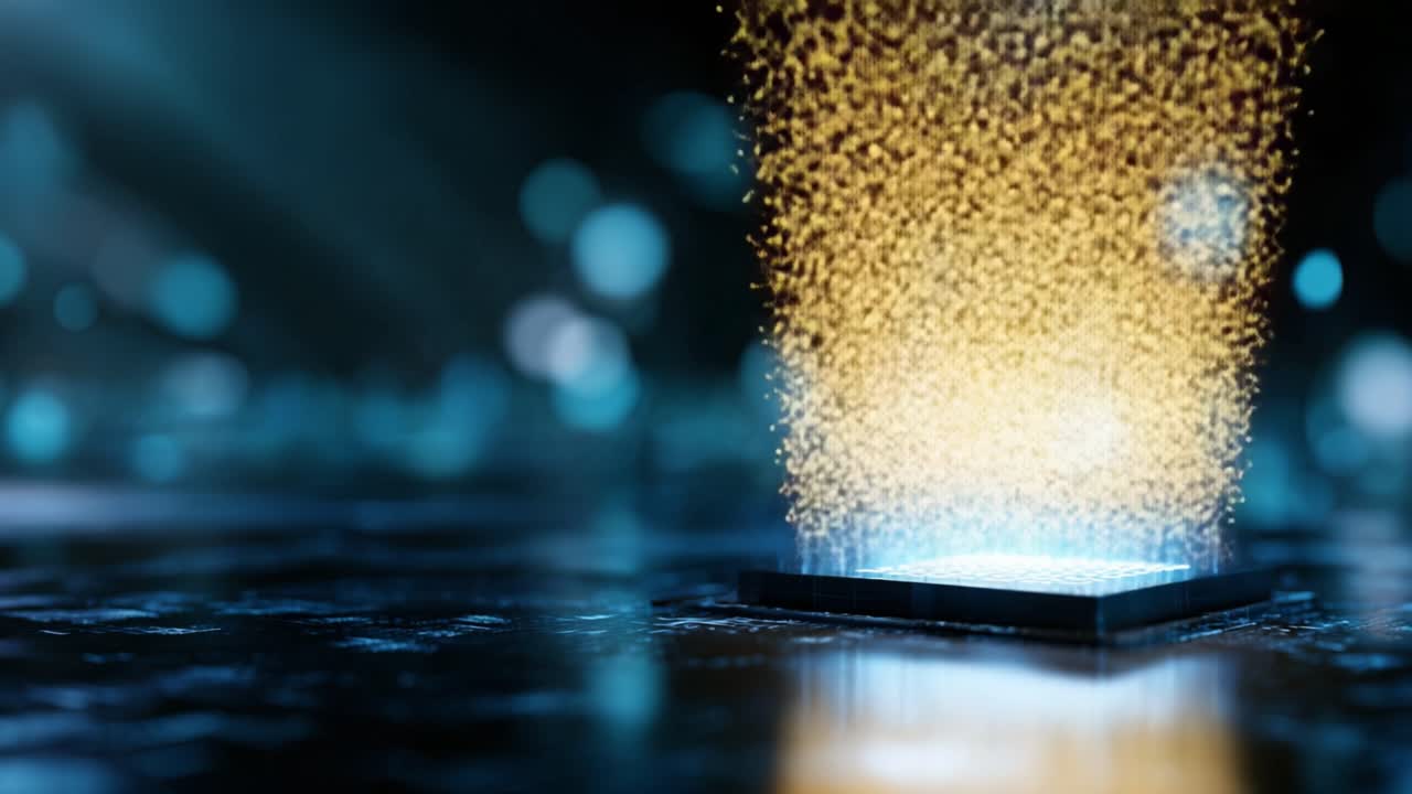 A Captivating Sequence of Magical Particles Emitting from a Square Platform with Vibrant Blue and Yellow Light Effects against a Mystical Background
