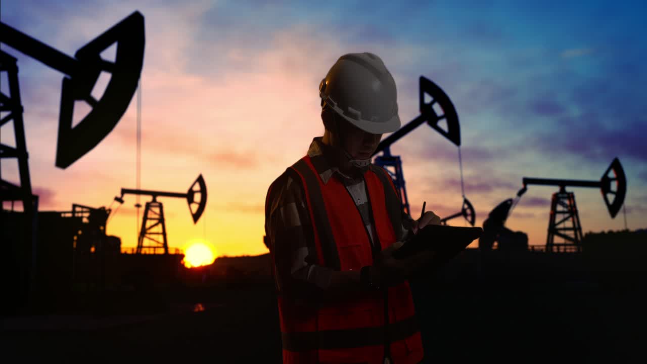 vista lateral de un ingeniero masculino asiático con casco de seguridad tomando nota en la tableta y mirando a su alrededor mientras está de pie frente a las bombas de aceite, durante la puesta o salida del sol