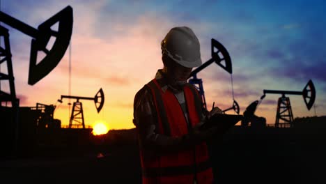 side view of asian male engineer with safety helmet taking note on the tablet and looking around while standing in front of the oil pumps, during sunset or sunrise time