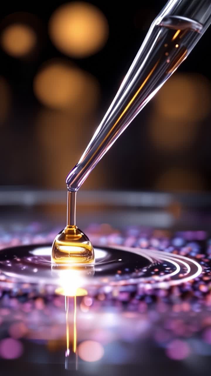 Un gros plan fascinant d'une pipette de précision libérant une gouttelette sur une surface vibrante et colorée, mettant en valeur la beauté de la dynamique des liquides et de l'exploration scientifique