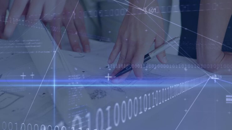 Animation of network of connections over hands of caucasian businesspeople working