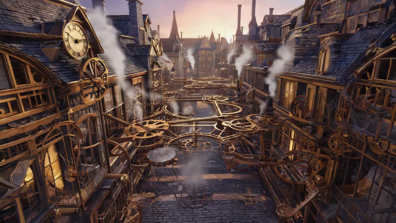 Steampunk Cityscape with Intricate Clockwork and Gears