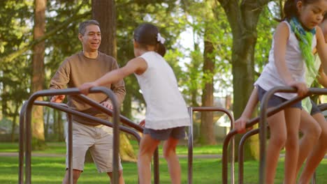 father pushing his daughters on a merry-go-round