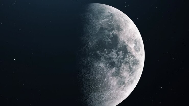 Lua realista. Lua girando no espaço sideral sobre estrelas