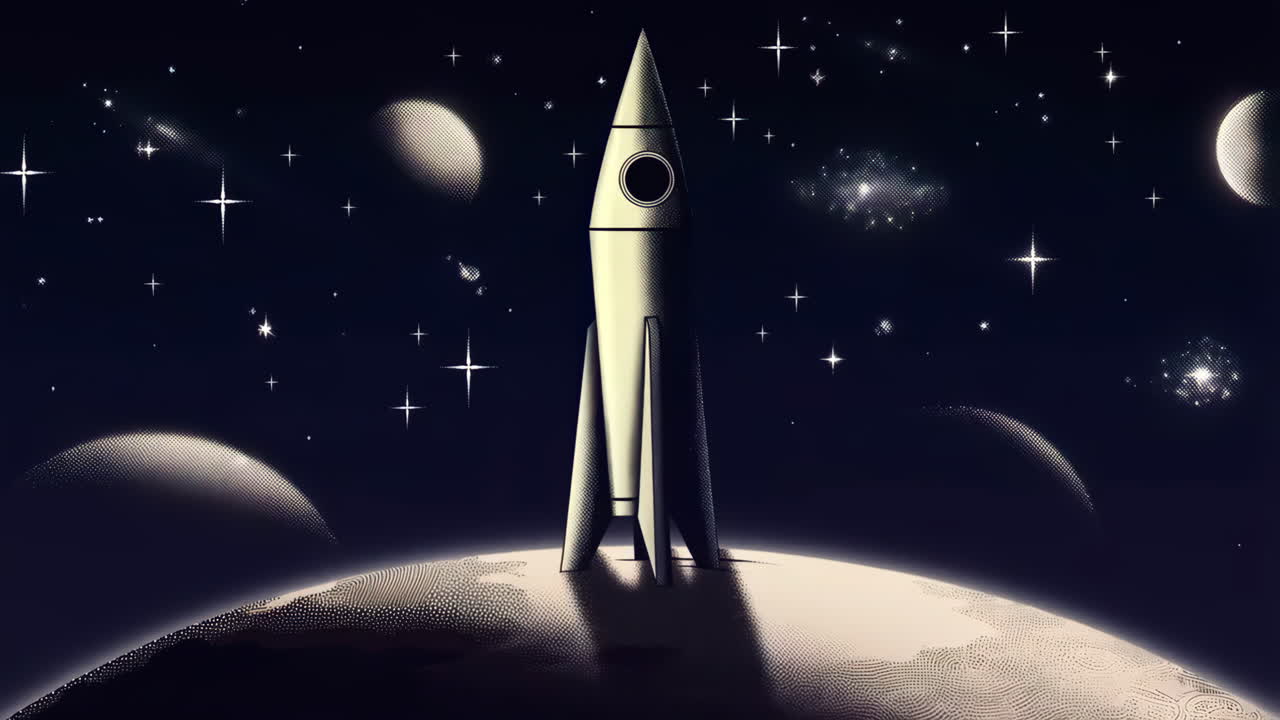 Retro illustration of a rocket on a celestial body in space