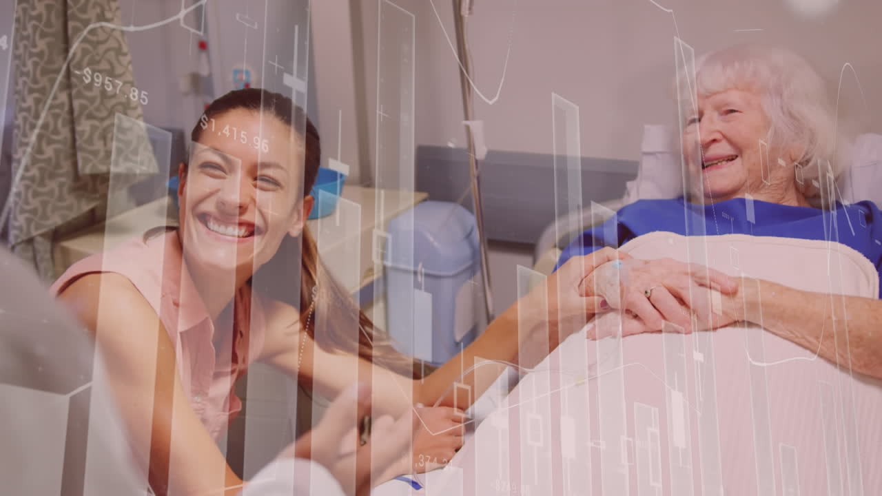 백그라운드에서 병원 침대에 있는 노인 환자에 대한 통계 기록. 코로나19 확산