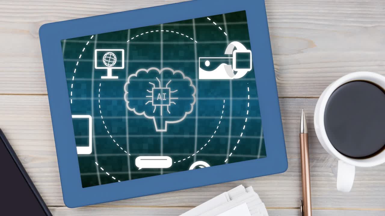 Animation of ai chat and data processing over tablet screen on desk