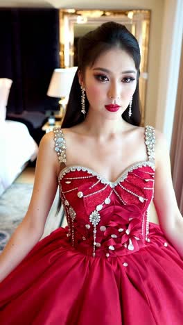 woman in a red ball gown