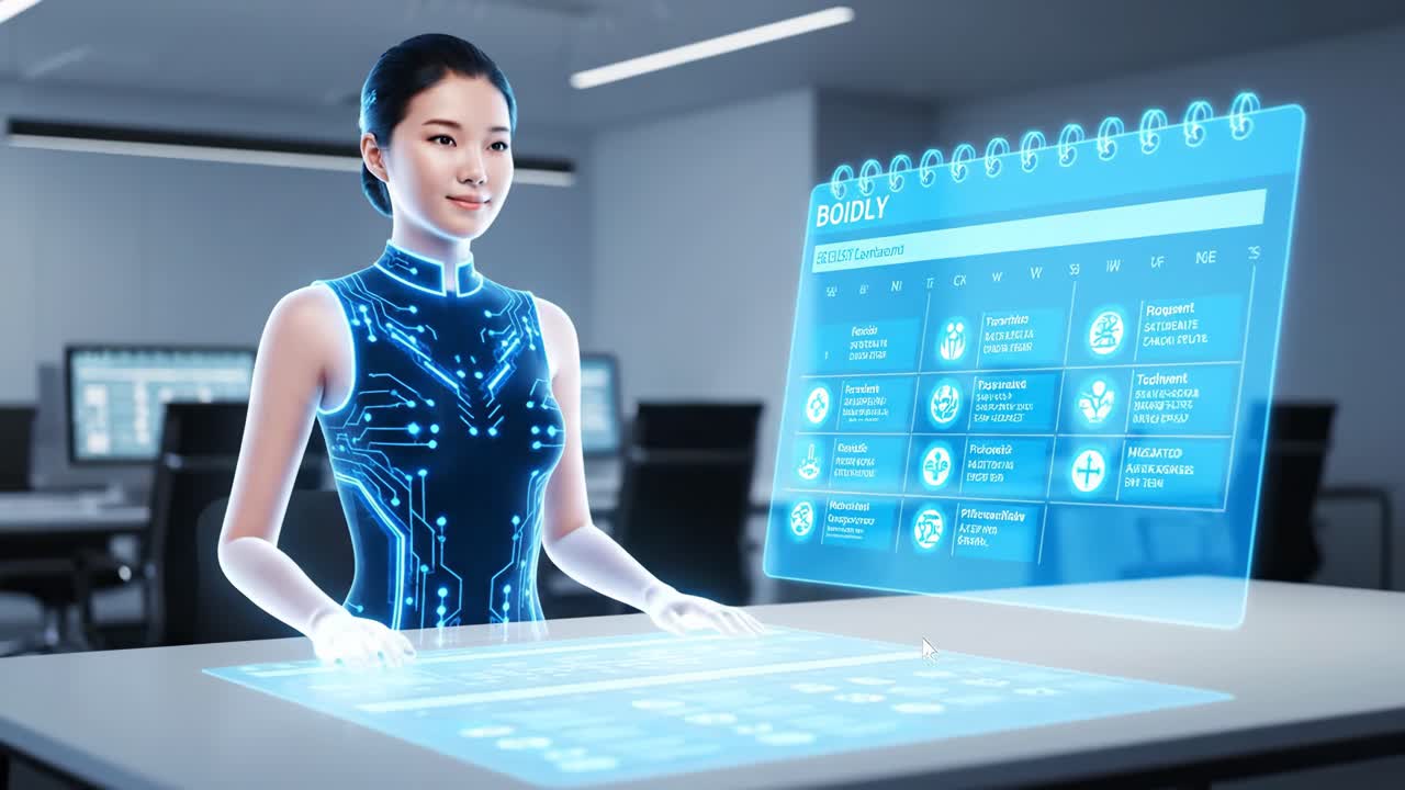 Woman interacting with futuristic hologram calendar