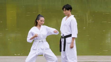 man teaching martial arts to young student