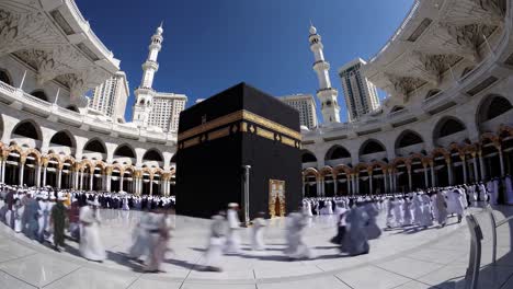 wide-angle video shot of the kaaba surrounded by worshippers in traditional attire