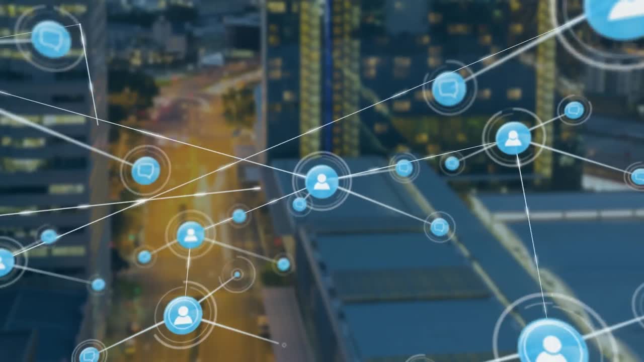 현대적인 건물 위의 아이콘과 연결 네트워크의 애니메이션