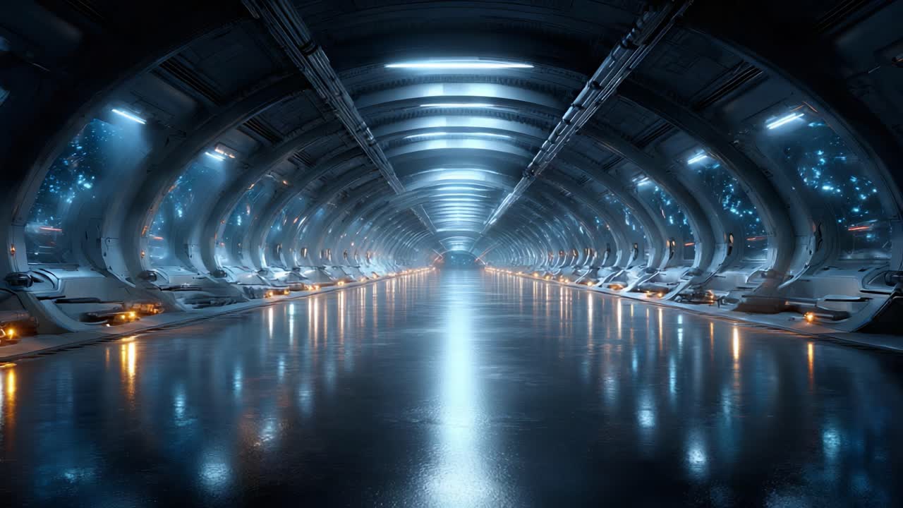 A Stunning Sci-Fi Corridor Featuring Advanced Technology and Sleek Design, Illuminated by Futuristic Lighting in a Space Environment