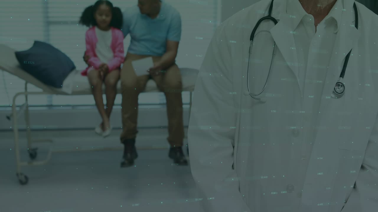 Camera panning revealing doc and father soothing child in clinic, charts layering health data