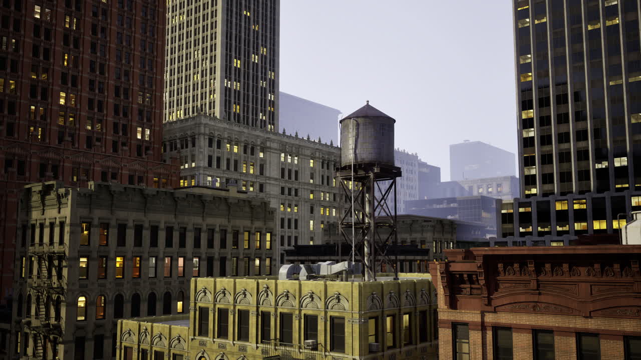Captivating urban skyline at dusk reveals vintage water tower in cityscape