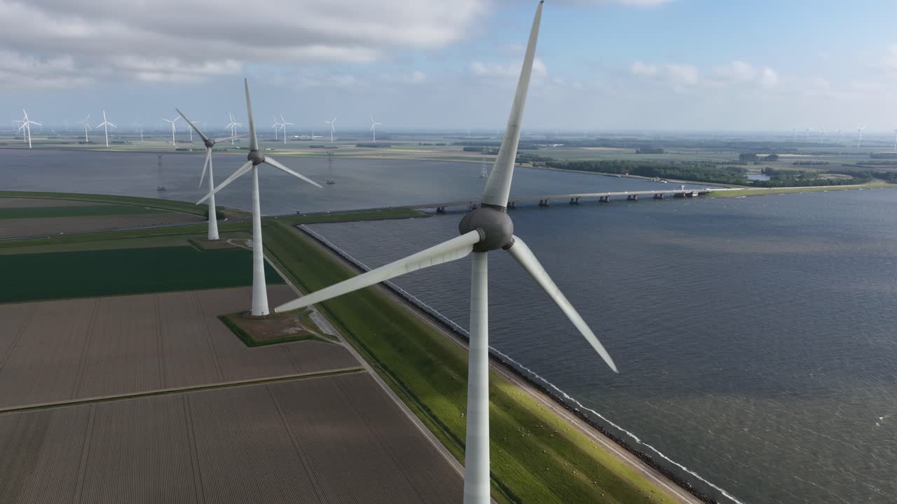 energy from the wind along the ijselmeer, markermeer, clean energy, energy transistion. Renewable energy resources. wind turbines. Aerial drone view.